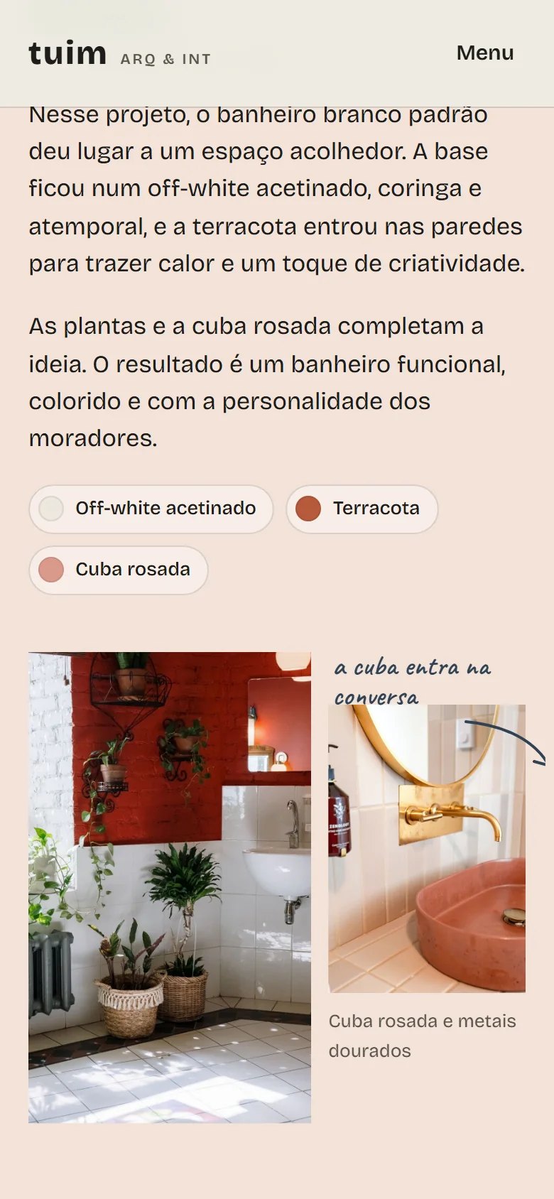 Ambiente terracota da Casa Ipê no celular, com as amostras de cor e as fotos do banheiro.