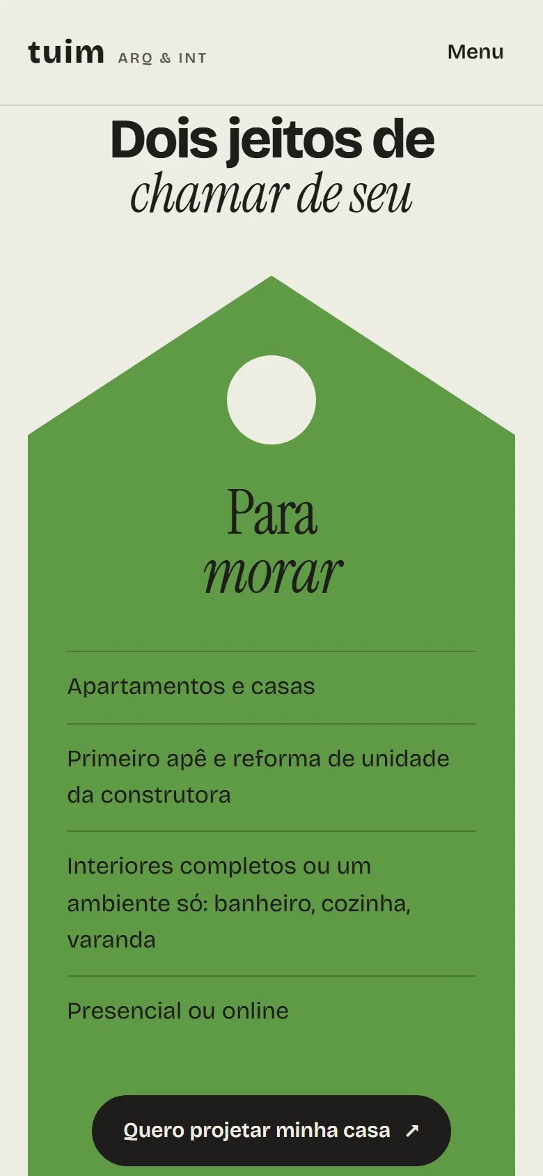 Seção "Dois jeitos de chamar de seu", com o cartão verde em formato de casa "Para morar".